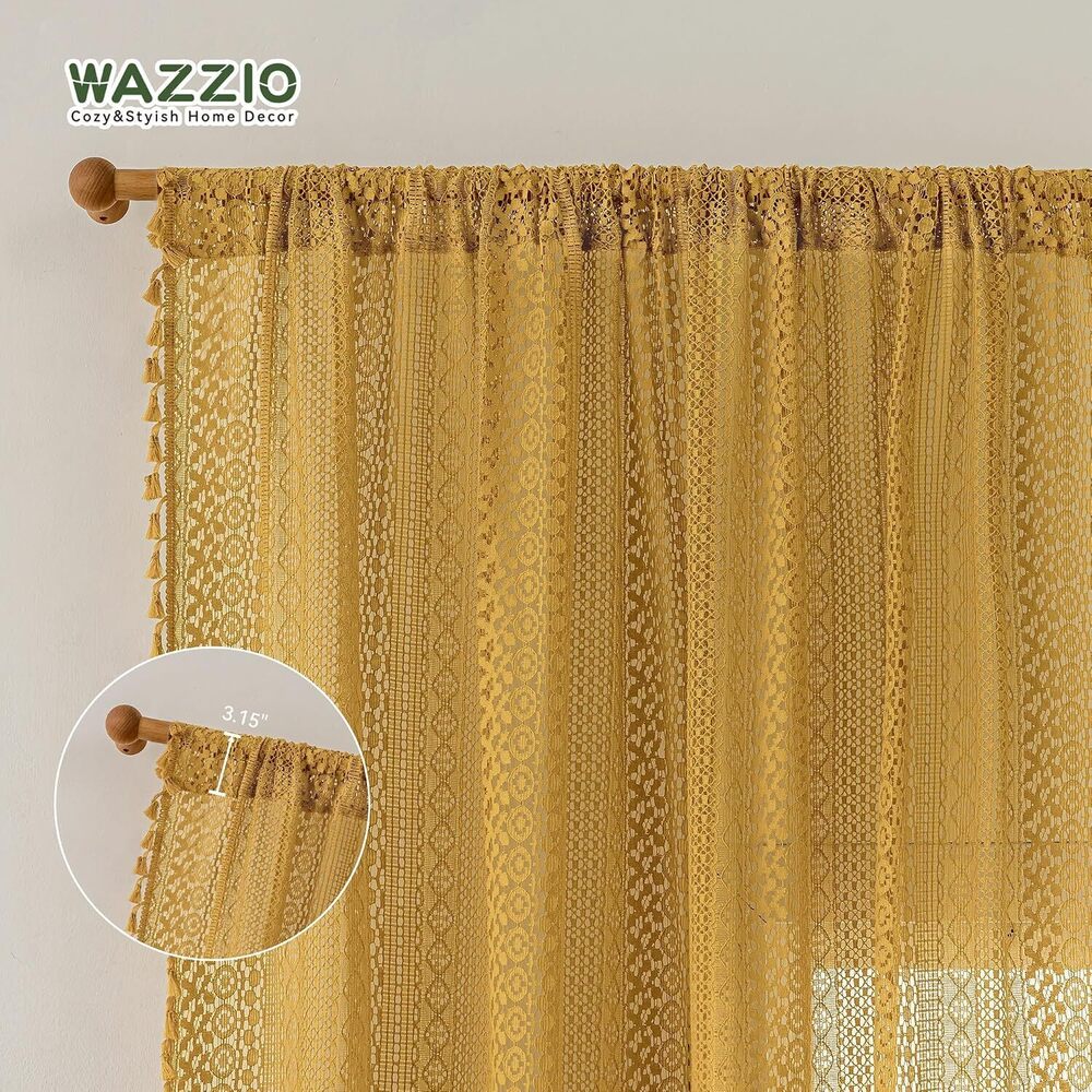 Boho Lace Curtains 84 Inches 2 Panel,Light Filtering Privacy Tassel & - Picture 8 of 8
